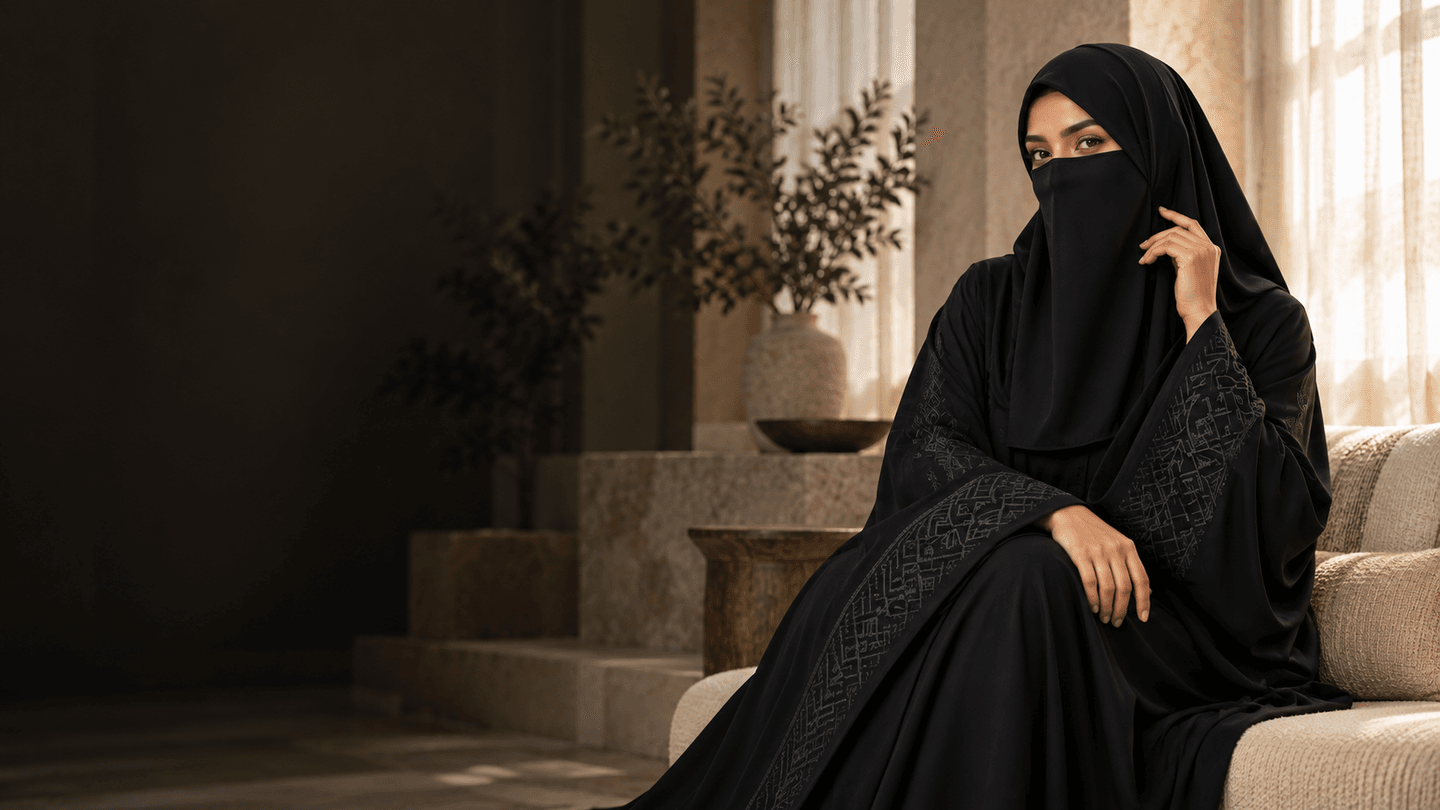 জ্যামিতিক নকশার কালো আবায়া ও নিকাবে বসা মডেল